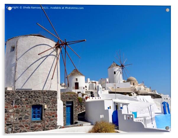 Windmills at Oia Santorini Acrylic by Sheila Ramsey