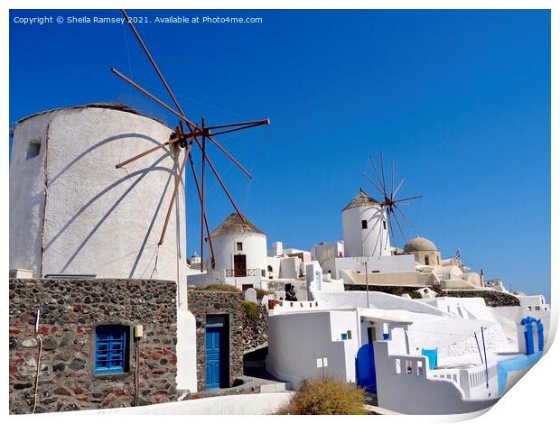 Windmills at Oia Santorini Print by Sheila Ramsey