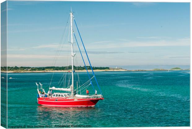 Red Yacht coming into St Marys Isles of Scilly Canvas Print by Nick Jenkins