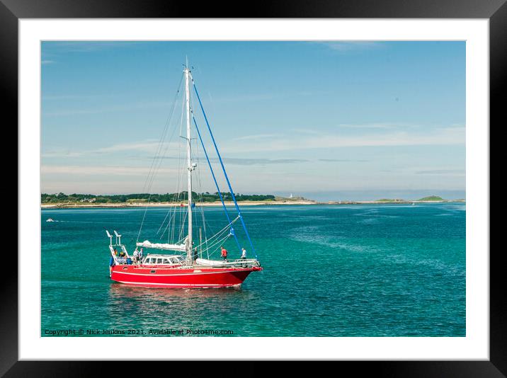 Red Yacht coming into St Marys Isles of Scilly Framed Mounted Print by Nick Jenkins