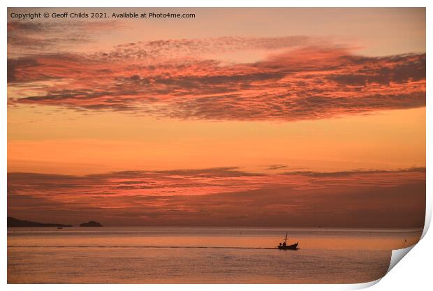 Orange tropical sunrise seascape. Thailand. Print by Geoff Childs