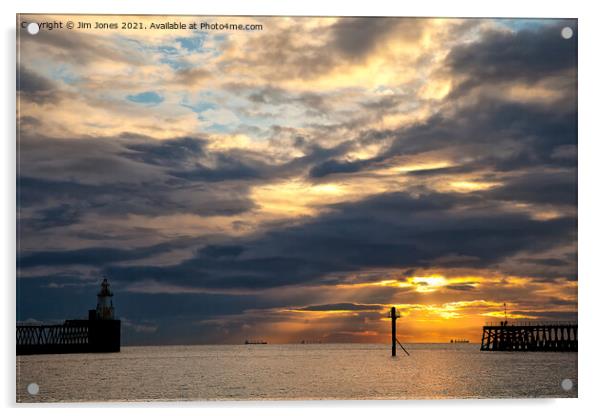 Between the Piers at Sunrise Acrylic by Jim Jones