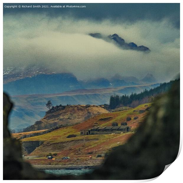 A view towards the Storr from a beach below the Moll road, Isle of Skye. Print by Richard Smith