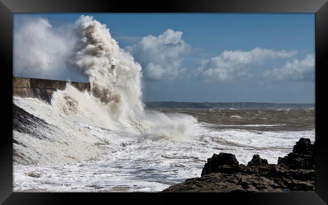 Porthcawl lighthouse in a storm Framed Print by Chris Drabble