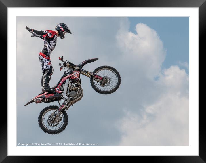 Flying Motorbike Stunt Man Framed Mounted Print by Stephen Munn