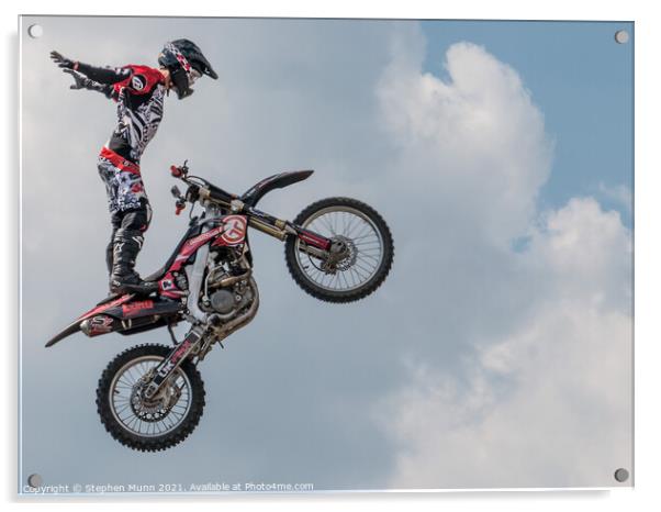 Flying Motorbike Stunt Man Acrylic by Stephen Munn