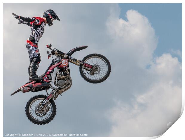 Flying Motorbike Stunt Man Print by Stephen Munn