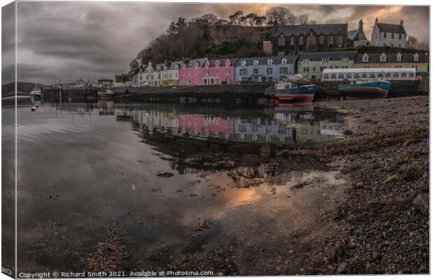 Portree pier in the afternoon reflected in Loch Portree Canvas Print by Richard Smith