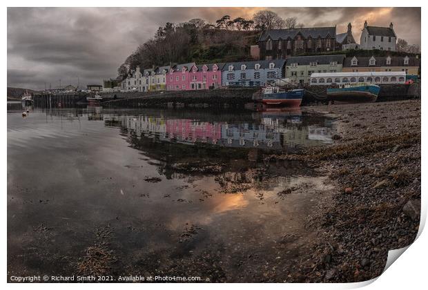 Portree pier in the afternoon reflected in Loch Portree Print by Richard Smith
