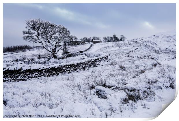 Farmhouse on Ilkley Moor in winter. Print by Chris North