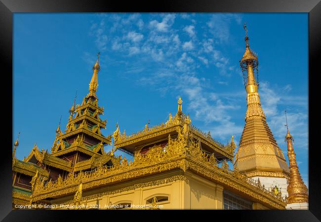 A golden buddhist temple in the evening sun in Yangon, Myanmar Framed Print by SnapT Photography