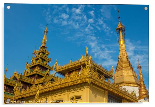 A golden buddhist temple in the evening sun in Yangon, Myanmar Acrylic by SnapT Photography