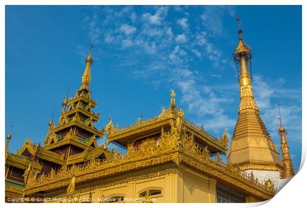 A golden buddhist temple in the evening sun in Yangon, Myanmar Print by SnapT Photography
