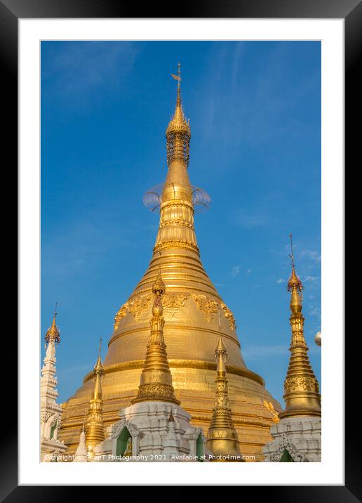The stupa of the Shwedagon Pagoda in the evening sunlight, in Yangon, Myanmar Framed Mounted Print by SnapT Photography