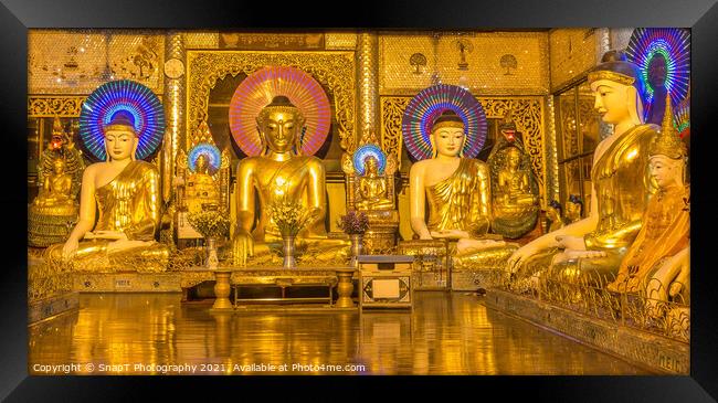A room of golden Buddhas at the Shwedagon Pagoda, Yangon, Myanmar Framed Print by SnapT Photography