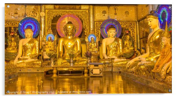 A room of golden Buddhas at the Shwedagon Pagoda, Yangon, Myanmar Acrylic by SnapT Photography
