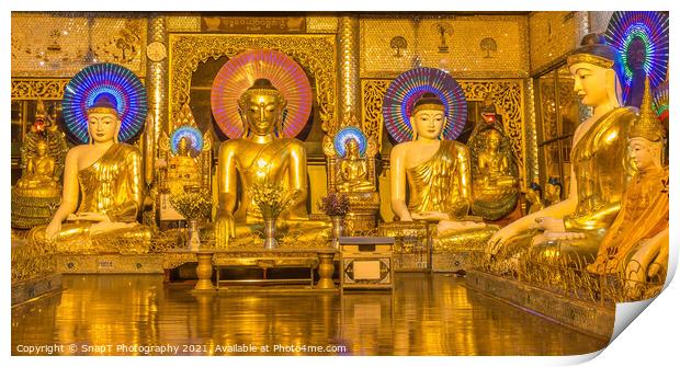 A room of golden Buddhas at the Shwedagon Pagoda, Yangon, Myanmar Print by SnapT Photography