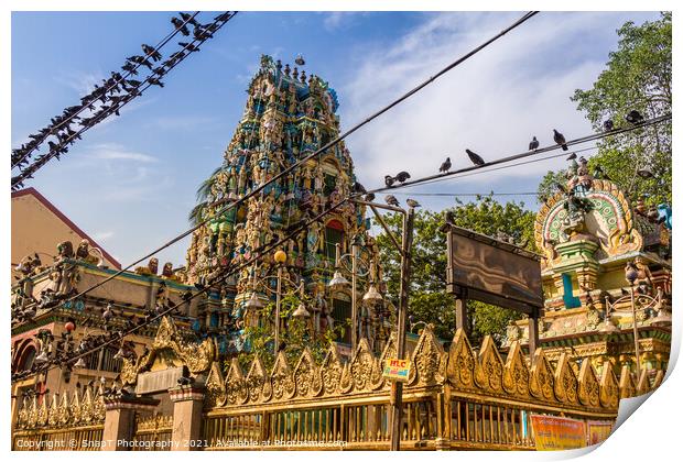 The Shri Kali Temple in central Yangon, Myanmar, surrounded by a flock of birds Print by SnapT Photography