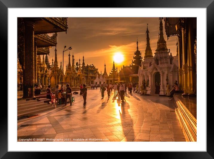 Sunset light on the Shwedagon Pagoda in Yangon, Myanmar Framed Mounted Print by SnapT Photography