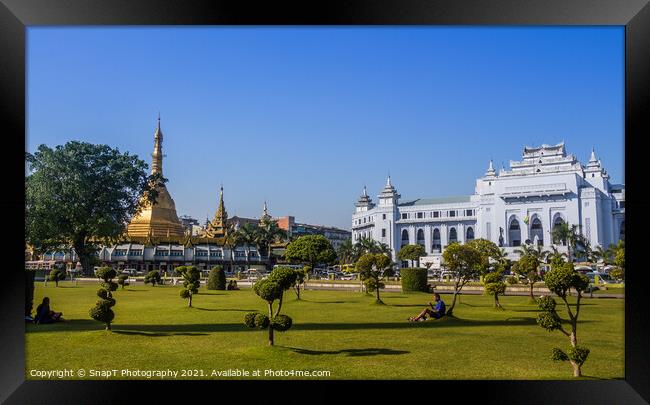 Mahabandula Park, next to the Sule Pagoda and City Hall in central Yangon Framed Print by SnapT Photography