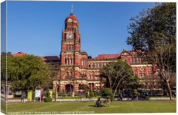 The red brick Yangon High Court colonial building, at Maha Bandula Garden Canvas Print by SnapT Photography