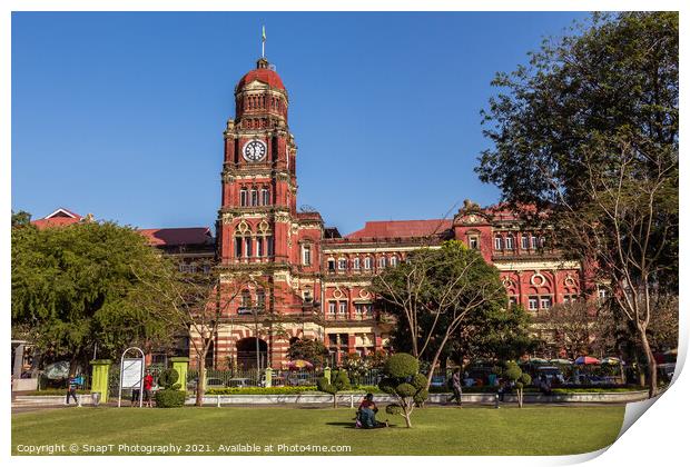 The red brick Yangon High Court colonial building, at Maha Bandula Garden Print by SnapT Photography