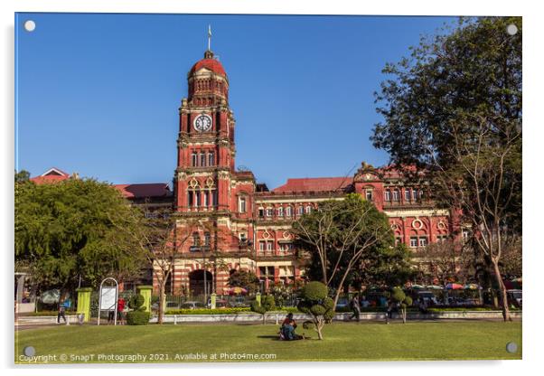 The red brick Yangon High Court colonial building, at Maha Bandula Garden Acrylic by SnapT Photography