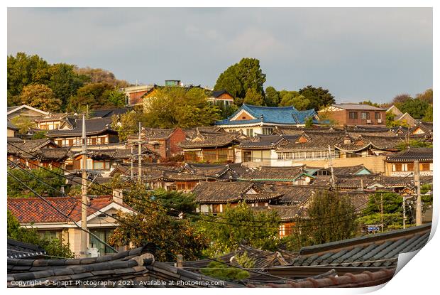 The Korean architechture in the roof tops of Bukchon Hanok Village in Seoul Print by SnapT Photography