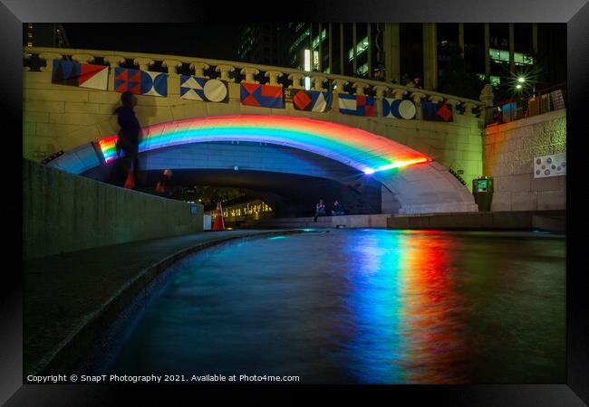 A rainbow reflecting on the Cheonggyecheon Stream at Gwangtonggyo Bridge Framed Print by SnapT Photography