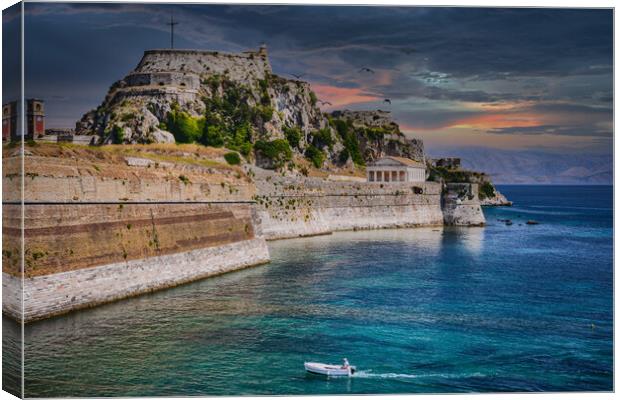 Small boat approaching the Old Fortress of Corfu Canvas Print by Dave Williams