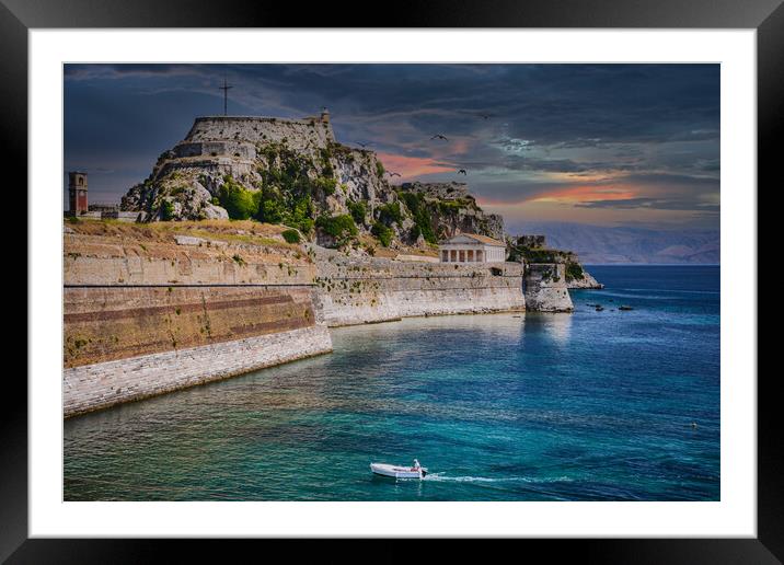 Small boat approaching the Old Fortress of Corfu Framed Mounted Print by Dave Williams