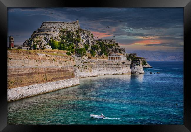 Small boat approaching the Old Fortress of Corfu Framed Print by Dave Williams
