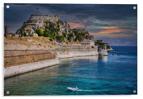 Small boat approaching the Old Fortress of Corfu Acrylic by Dave Williams
