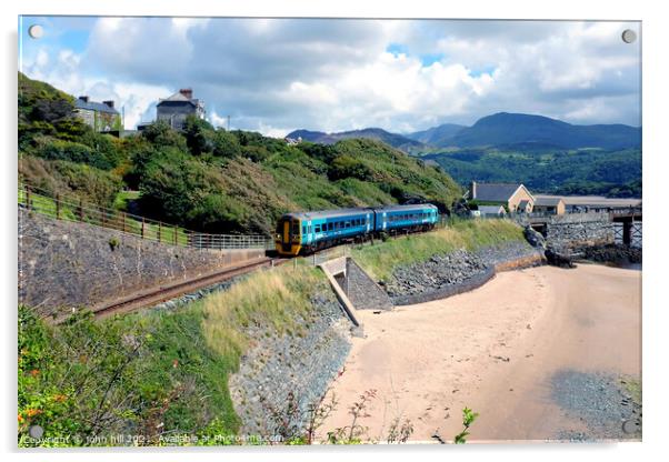 Coastal train at Barmouth in Wales. Acrylic by john hill
