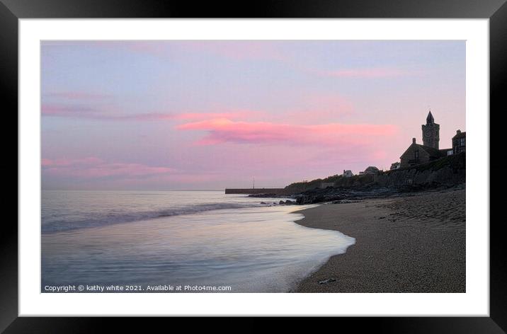 Porthleven Harbour  Cornwall, with pink sky,Sunset Framed Mounted Print by kathy white