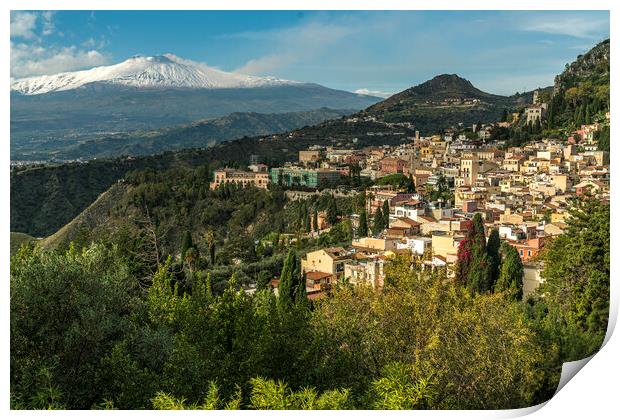 Taormina and Mount Etna, Sicily, Print by peter schickert