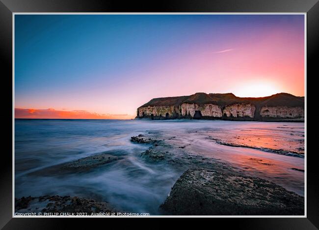Sunrise at Thorwick bay Flamborough on the east co Framed Print by PHILIP CHALK