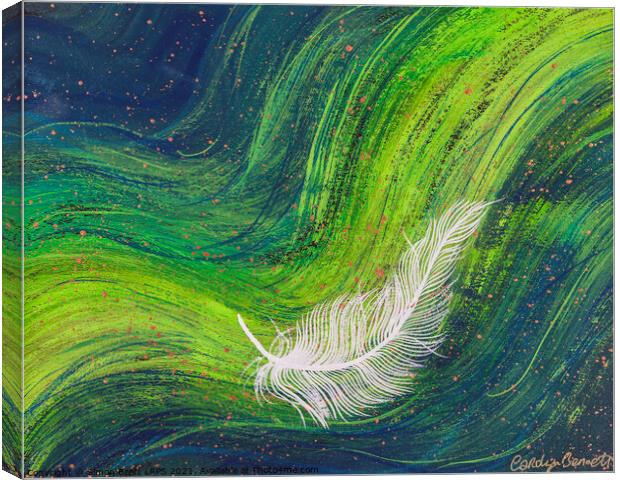 Spiritual white feather on waves of green Canvas Print by Simon Bratt LRPS