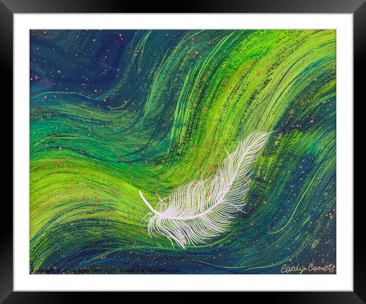 Spiritual white feather on waves of green Framed Mounted Print by Simon Bratt LRPS