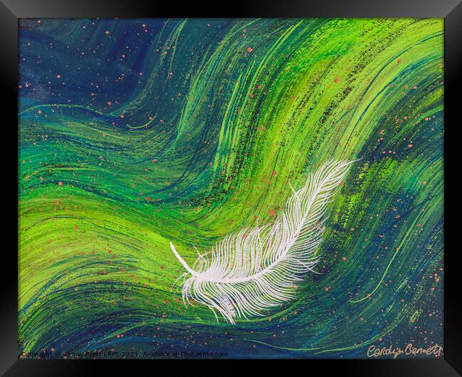 Spiritual white feather on waves of green Framed Print by Simon Bratt LRPS