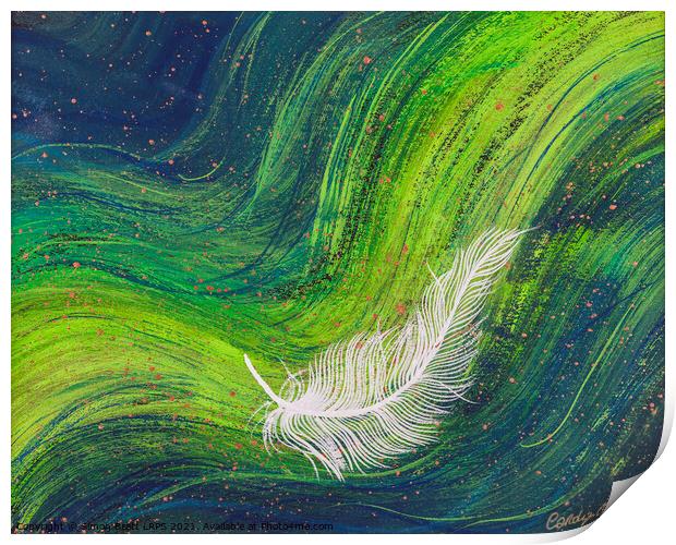 Spiritual white feather on waves of green Print by Simon Bratt LRPS
