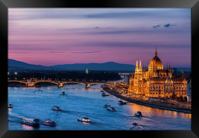 Budapest City Twilight River View Framed Print by Artur Bogacki