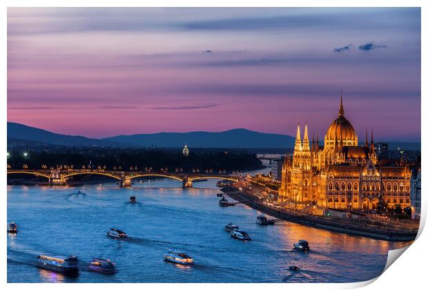 Budapest City Twilight River View Print by Artur Bogacki