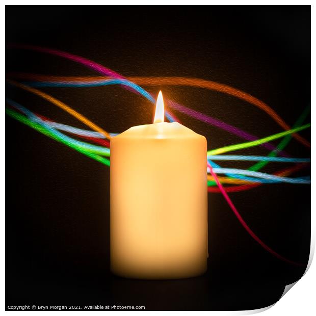 Burning candle with streaks of coloured light Print by Bryn Morgan