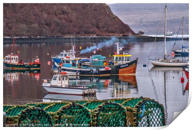 Fishermen at work in Portree harbour photographed from behind a stack of creels. Print by Richard Smith