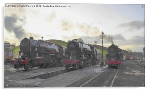 3 Steam Trains at Dawn Acrylic by Mark Chesters