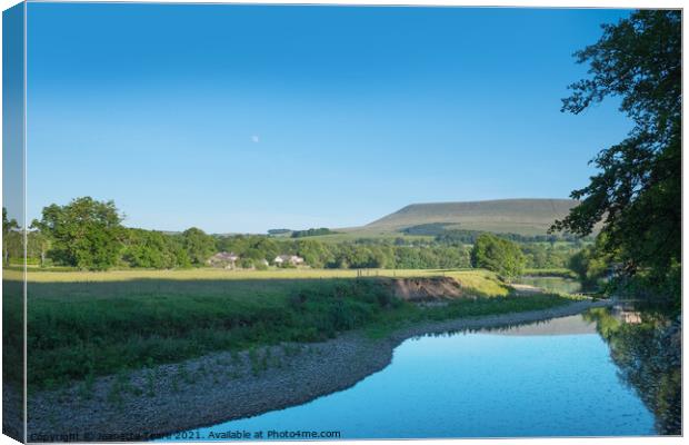 River Ribble and Pendle Hill, where peaceful waters flow Canvas Print by Jeanette Teare