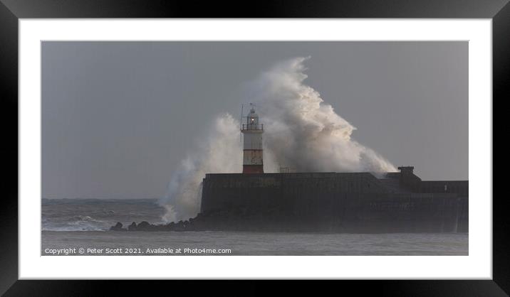 Wave over Lighthouse Framed Mounted Print by Peter Scott