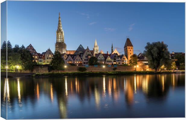 danube river and the Ulm Minster at dusk Canvas Print by peter schickert