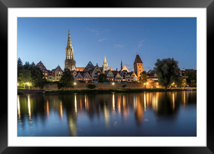 danube river and the Ulm Minster at dusk Framed Mounted Print by peter schickert